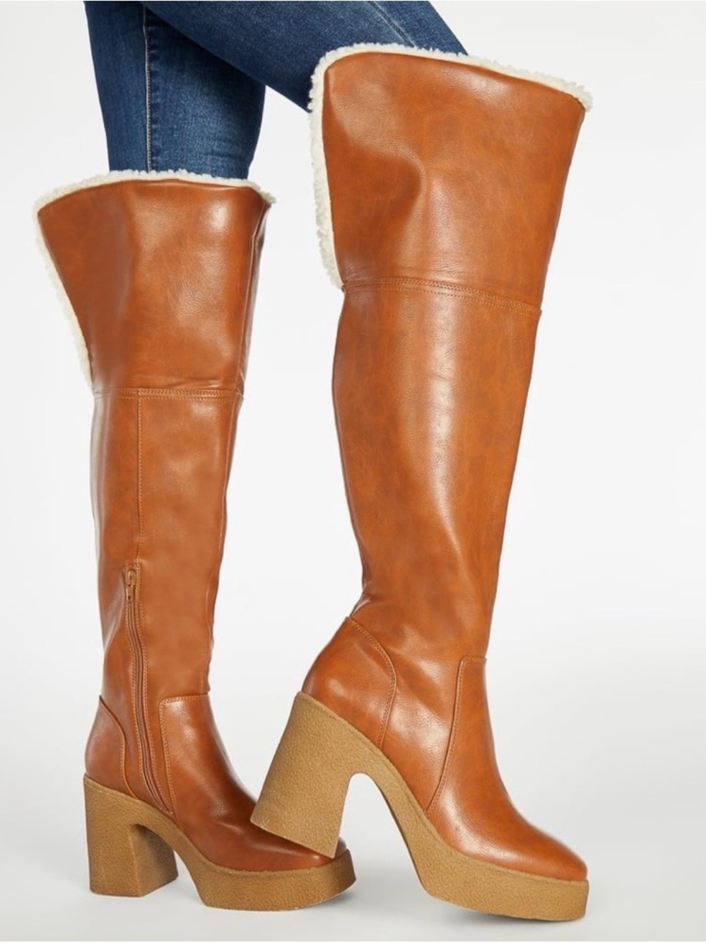 JustFab Cognac Over-the-Knee Faux-Shearling Platform Boots